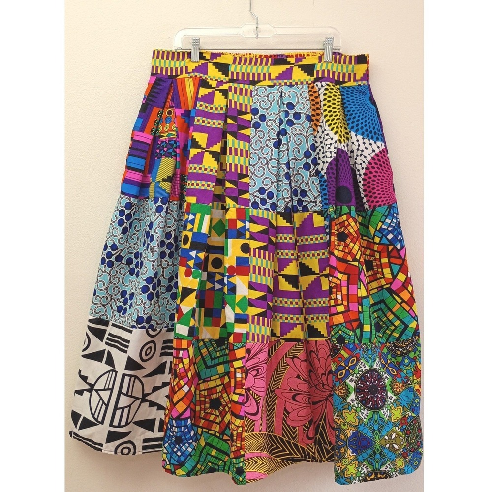 Kongyu Amy African Ankara Patchwork Pleated Midi‎ Skirt Multi-Color 2XL Pockets